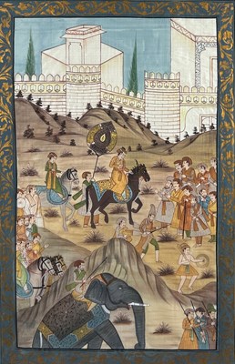 Lot 107 - A MUGHAL PAINTING ON LINEN, depicting horses...