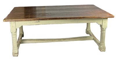 Lot 125 - A LARGE OAK REFRECTORY TABLE WITH PLANK TOP,...