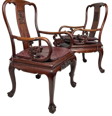 Lot 128 - A PAIR OF CHINESE HARDWOOD ARMCHAIRS, with...