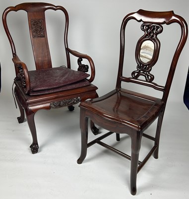 Lot 129 - TWO CHINESE CHAIRS, one armchair with carved...