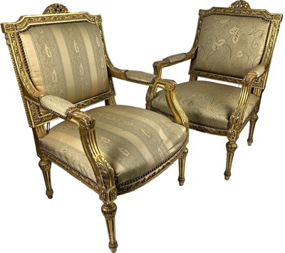 Lot 138 - A MATCHED PAIR OF LARGE FRENCH FAUTEUILS, gilt...