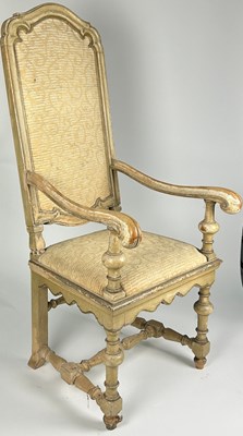 Lot 140 - A LARGE CHARLES II STYLE ARMCHAIR, grey...