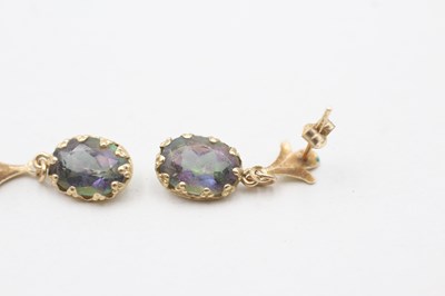 Lot 74 - A PAIR OF 14CT GOLD MYSTIC TOPAZ DROP EARRINGS WITH 9CT GOLD BACKS (1g)