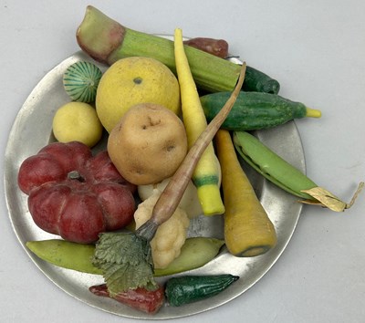 Lot 105 - A COLLECTION OF ANTIQUE WAX VEGETABLES ON A...