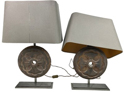 Lot 196 - A PAIR OF DESIGNER IRON CIRCULAR WHEEL LAMPS,...