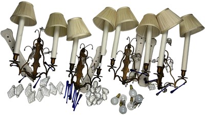 Lot 197 - A SET OF FOUR WALL SCONCES, brass with crystal...