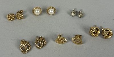 Lot 56 - FIVE PAIRS OF GOLD EARRINGS TO INCLUDE ONE PAIR SET WITH SMALL DIAMONDS, ANOTHER WITH PEARLS (10)