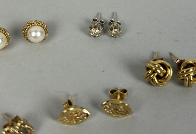 Lot 56 - SIX PAIRS OF GOLD EARRINGS TO INCLUDE ONE PAIR SET WITH SMALL DIAMONDS, ANOTHER WITH PEARLS (12)