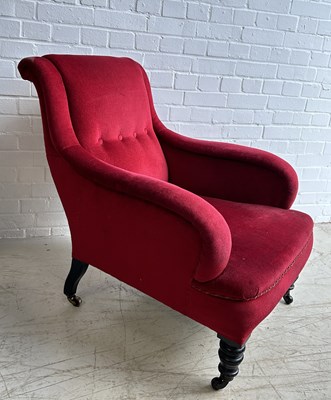 Lot 639 - A HOWARD STYLE ARMCHAIR UPHOLSTERED IN RED VELVET FABRIC