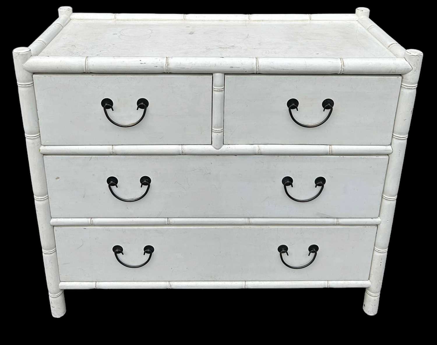 Lot 185 - AN OKA FAUX BAMBOO AND RATTAN CHEST IN WHITE,...