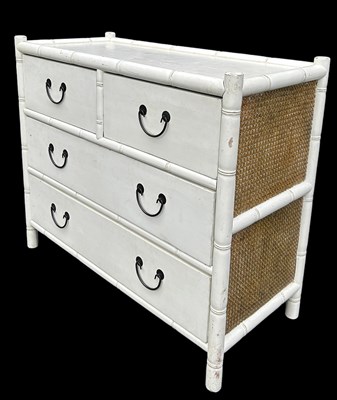 Lot 185 - AN OKA FAUX BAMBOO AND RATTAN CHEST IN WHITE,...