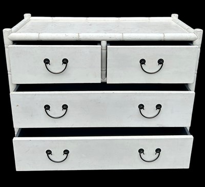 Lot 185 - AN OKA FAUX BAMBOO AND RATTAN CHEST IN WHITE,...