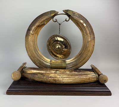 Lot 263 - A LARGE VICTORIAN HIPPO TUSK GONG WITH ENGRAVED PLAQUE 'SHOT IN THE SOBAT RIVER...XMAS 1889'