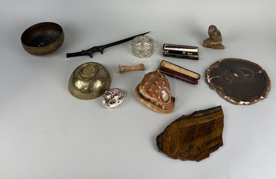 Lot 345 - A MIXED LOT TO INCLUDE AFRICAN CROCODILE LETTER OPENER, CARVED BONE, CHINESE BRASS BOWLS, CARVED SHELL, AMBER PIPE, PROPELLING PENCIL, PETRIFIED WOOD