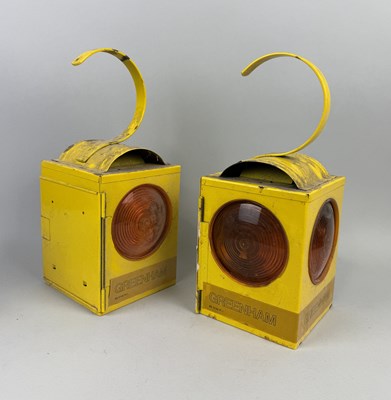 Lot 349 - A PAIR OF YELLOW INDUSTRIAL LANTERNS LABELLED 'GREENHAM'