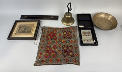 Lot 376 - MIXED LOT TO INCLUDE AN ARP HOME FRONT WWII BELL, A DRAUGHTSMAN ROLLING RULER, STIMA, EMBROIDERY, PRINT OF COVENT GARDEN THEATRE, METAL BOWL