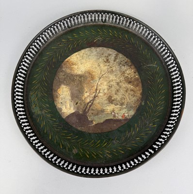 Lot 1027 - AN ANTIQUE TOLEWARE SERVING TRAY WITH PAINTED PANEL