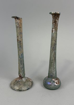 Lot 352 - TWO IRIDESCENT ROMAN GLASS TEAR BOTTLES CIRCA 1ST-4TH CENTURY A.D.