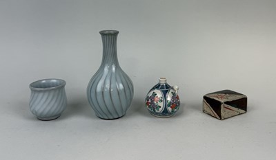 Lot 373 - KOICHI SHIMADA: A SEIJI SAKE BOTTLE AND CUP ALONG WITH A WATER DROPPER BY GENZO SOMA AND A WATER DROPPER BY SOHA SATO