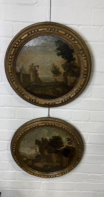 Lot 691 - A PAIR OF CIRCULAR OIL PAINTINGS ON PANEL DEPICTING LANDSCAPE SCENES