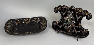 Lot 225 - A BLACK LACQUERED AND GILT DISH ALONG WITH A MOTHER OF PEARL INLAID STAND