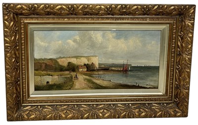 Lot 398 - AN OIL PAINTING ON CANVAS DEPICTING FIGURES ON A PATH NEAR THE SEA, WITH CLIFFS IN THE BACKGROUND