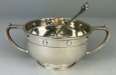 Lot 57 - AN UNUSUAL ARTS AND CRAFTS SILVER TWO HANDLE...