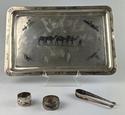 Lot 60 - A PERSIAN SILVER TRAY ALONG WITH TWO NAPKIN...