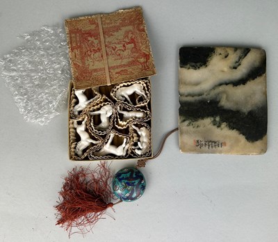 Lot 112 - A CHINESE MARBLE PLAQUE, along with a box of...