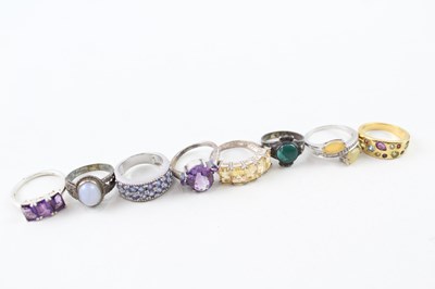 Lot 139 - A COLLECTION OF STERLING SILVER RINGS INC. LACE AGATE, TANZANITE, OPAL x 8 (34g)