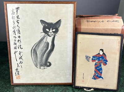 Lot 122 - A CHINESE PRINT OF A CAT ALONG WITH A PENCIL...