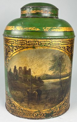 Lot 242A - AN ANTIQUE GREEN TOLEWARE TIN