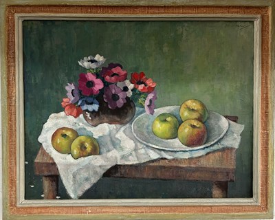 Lot 284 - AN OIL ON CANVAS STILL LIFE PAINTING OF APPLES...