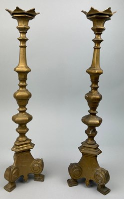 Lot 335 - A PAIR OF TALL BRASS CANDLESTICKS, 

58cm each...