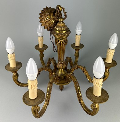 Lot 350 - A LARGE GILT BRASS SIX ARM CHANDELIER,

40cm drop