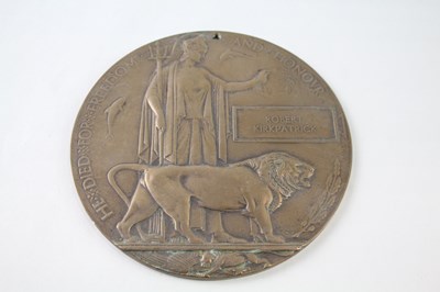 Lot 295 - WW1 DEATH PLAQUE NAMED ROBERT KIRKPATRICK