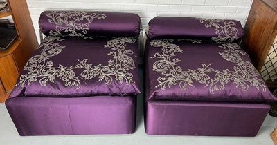 Lot 399 - A PAIR OF PURPLE LOUNGE CHAIRS WITH STUDDED...