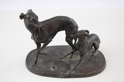 Lot 277 - ANTIQUE / VINTAGE SPELTER GREYHOUND DOGS IN PLAY SCULPTURE SIGNED MENE (1550g)