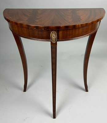 Lot 420 - A REPRODUCTION MAHOGANY SMALL DEMI LUNE SIDE...