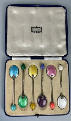 Lot 70 - A SET OF SIX SILVER AND COLOURED GUILLOCHE...