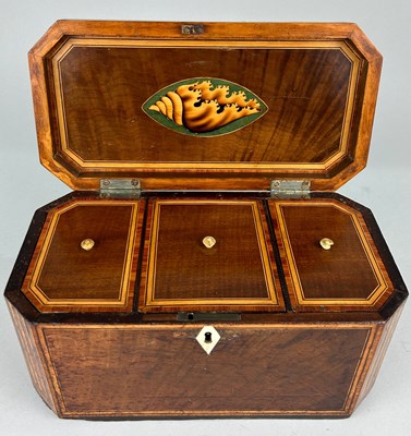 Lot 234 - A SHERATON DESIGN TEA CADDY WITH MARQUETRY...