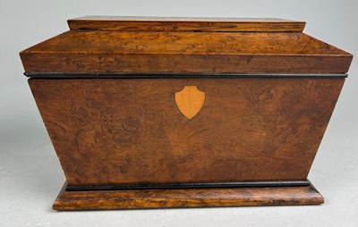 Lot 236 - A GEORGIAN WALNUT TEA CADDY WITH INLAID TOP...