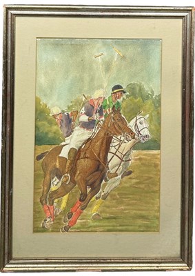 Lot 251 - A LARGE WATERCOLOUR ON PAPER OF POLO PLAYERS...