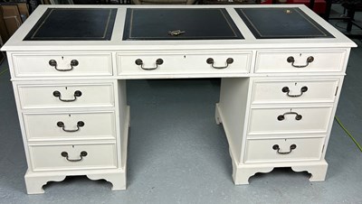 Lot 318 - A 19TH C STYLE PEDESTAL DESK, white painted...