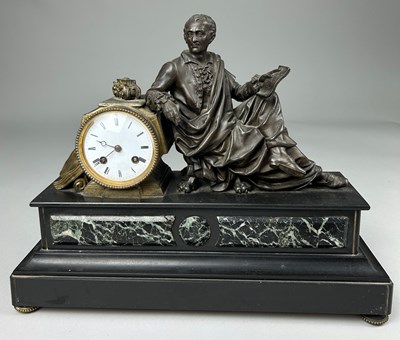 Lot 319 - A FRENCH SLATE MANTLE CLOCK WITH A BRONZE...