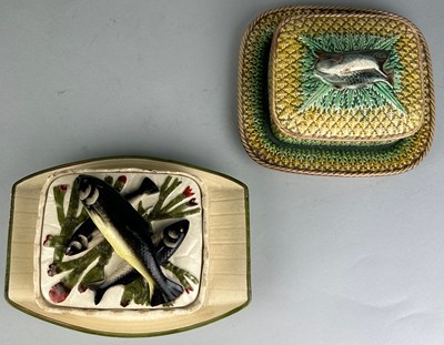 Lot 356 - A PAIR OF MAJOLICA POTS AND COVERS DECORATED...