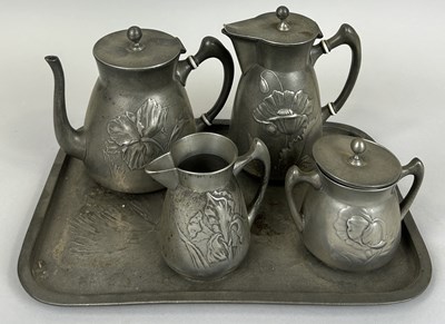 Lot 310 - KAYSERZINN: A PEWTER TEA SET AND TRAY (5)