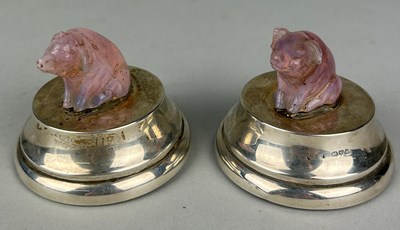 Lot 65 - A PAIR OF PINK QUARTZ CRYSTAL PIGS MOUNTED ON...