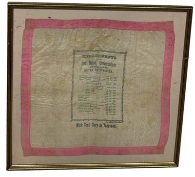 Lot 554 - MILITARIA INTEREST: A SILK PANEL 'ENGAGEMENTS OF THE 2ND BATTALION CAMERONIANS SCOTTISH RIFLES, NATAL FIELD FORCES'