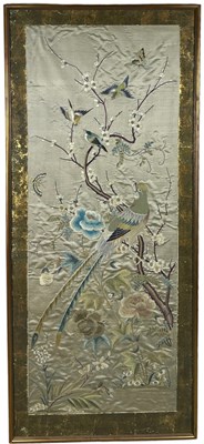 Lot 164 - A CHINESE SILK PANEL DEPICTING BIRDS AND...